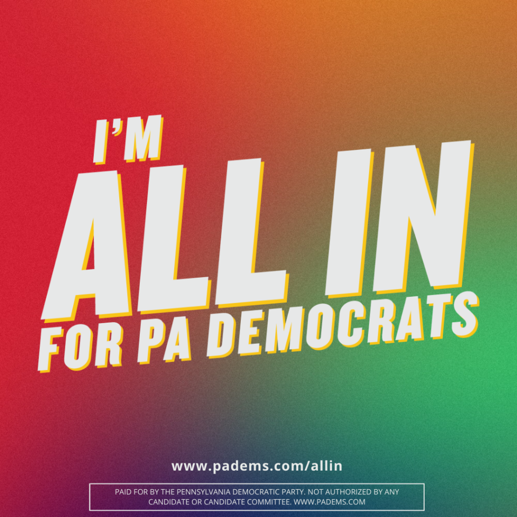 Square I'm All In for PA Democrats graphic in rainbow hues